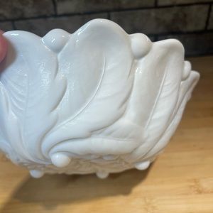 Vintage 1960s Indiana Glass Milk Glass Footed Serving Bowl Wild Rose 9”